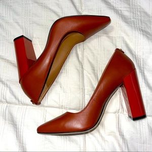 Calvin Klein Size 7, orange chunky heel pumps